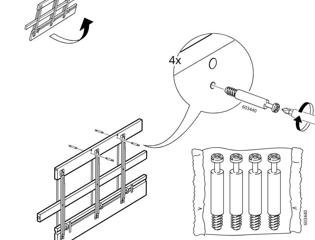 Diagram for step 16: The frame is turned and four cam screws (603440) are inserted and tightened into the side panel holes.