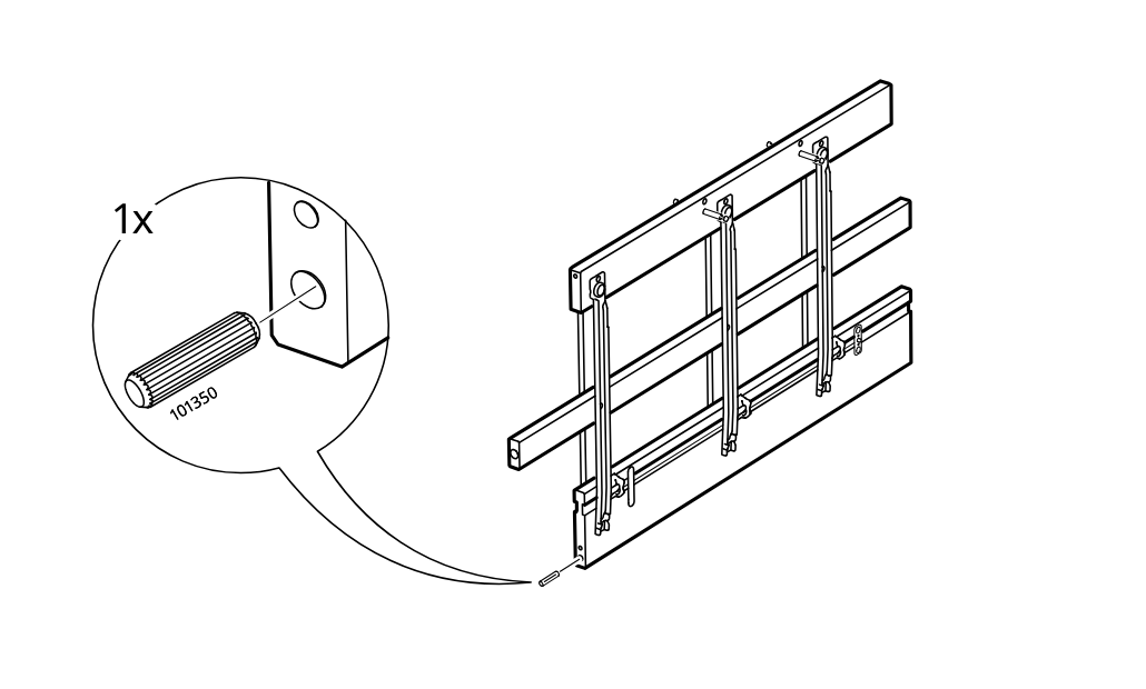 Diagram for step 17: One wooden dowel (101350) is inserted into the lower side hole of the frame.