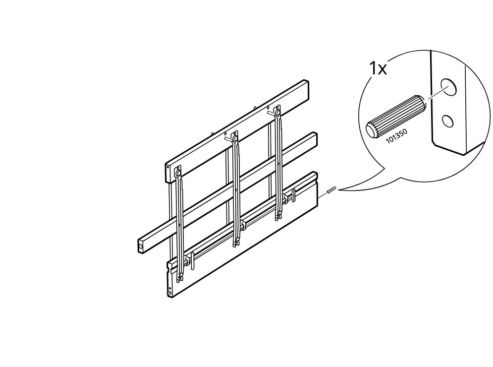 Diagram for step 18: A dowel (101350) is inserted into the side hole of the upper frame assembly, as shown in the zoom callout.
