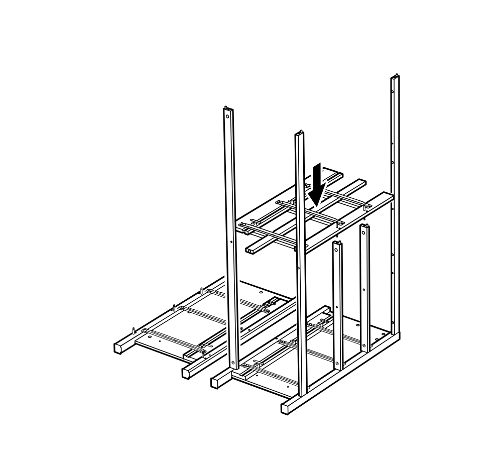 Diagram for step 19: The upper frame section is lowered and aligned onto the standing structure with a downward placement motion.