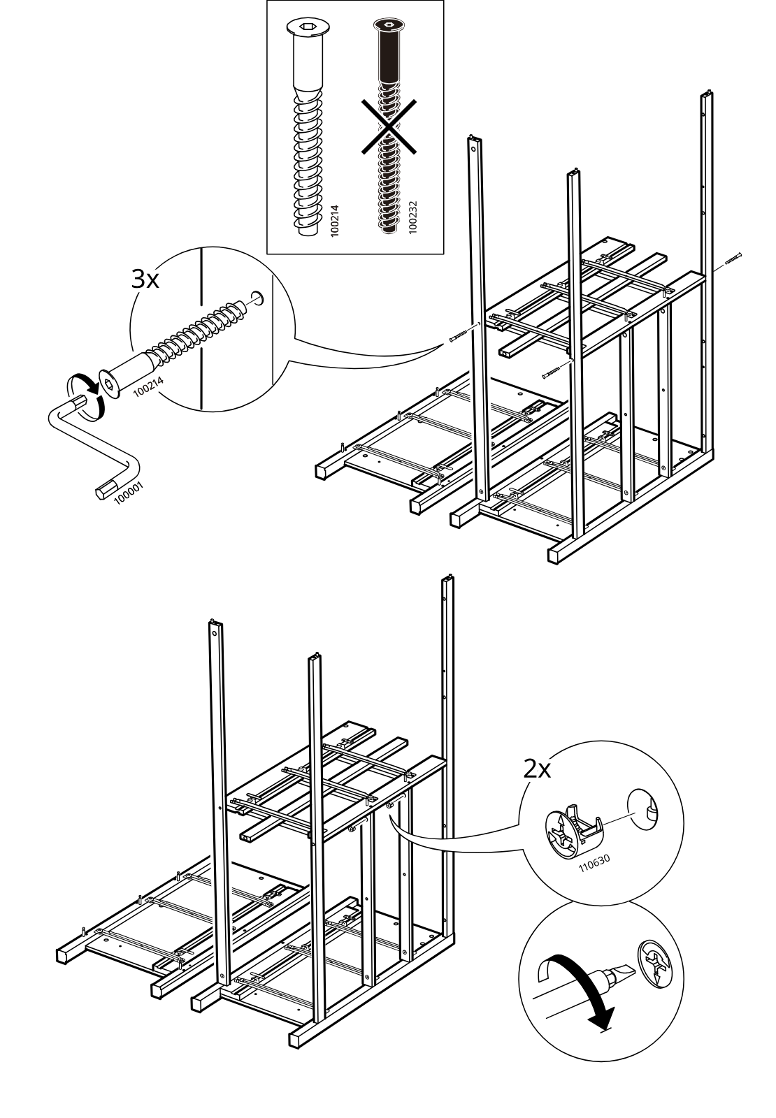 Diagram for step 20: Use three 100214 screws with the 100001 hex key to fasten the upper frame joints, then insert and rotate two 110630 cam locks to secure the side connection points.