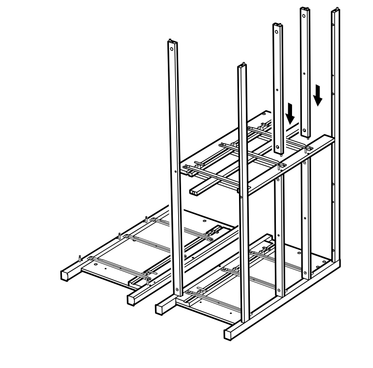 Diagram for step 21: Two upright side posts are inserted downward into the upper frame of the upside-down assembly.