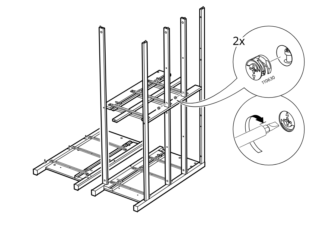 Diagram for step 22: Two cam-lock fittings (110630) are placed and then tightened with a screwdriver, as shown in the zoom callouts.