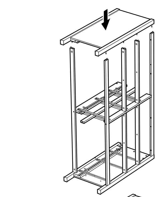 Diagram for step 23: The top panel is lowered onto the upright frame to seat onto the side rails.