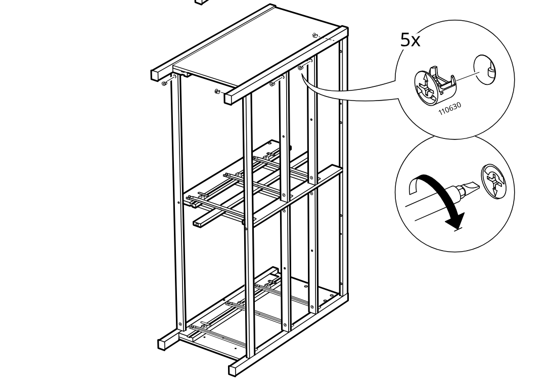 Diagram for step 24: Five cam locks (110630) are inserted and then tightened with a screwdriver to secure the top panel.