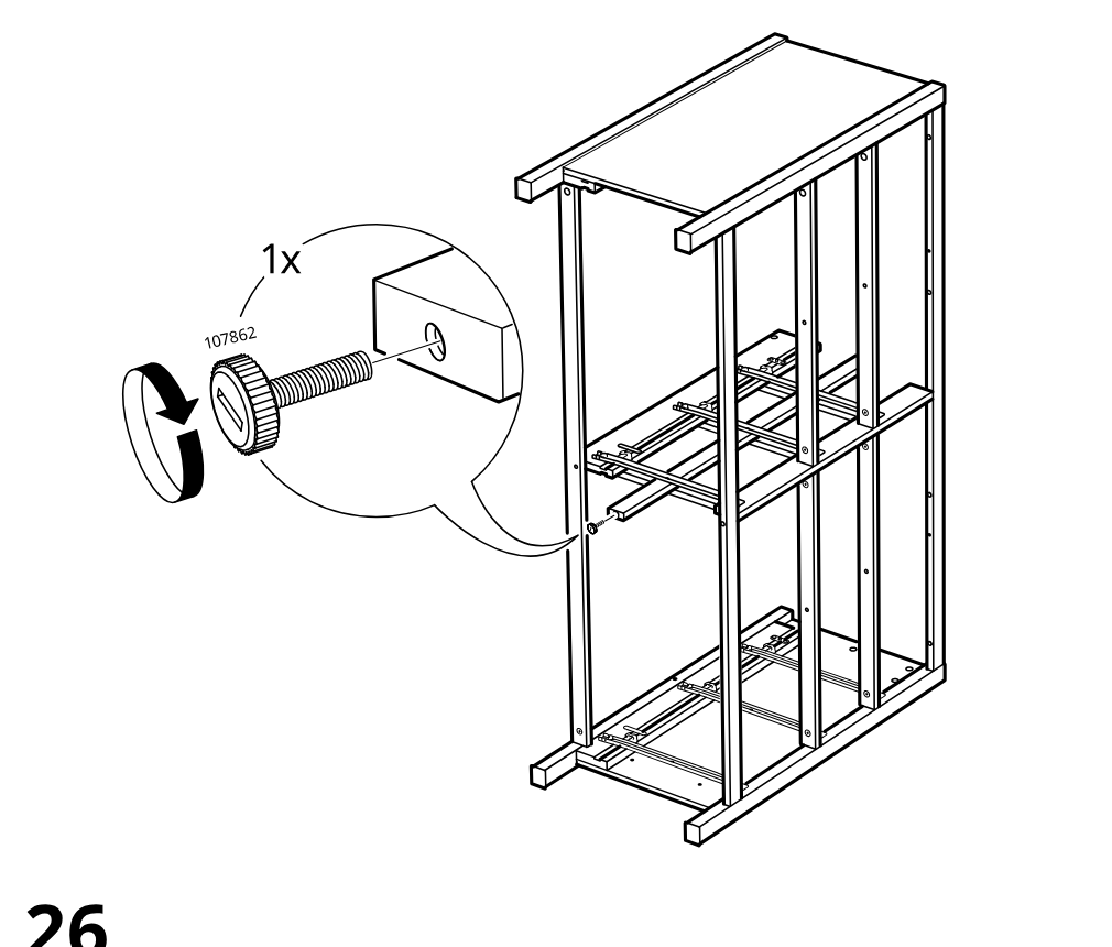 Diagram for step 25: The frame stands upright and a single connector screw (107862) is tightened into the side hole, as shown in the zoom callout with a turning arrow.