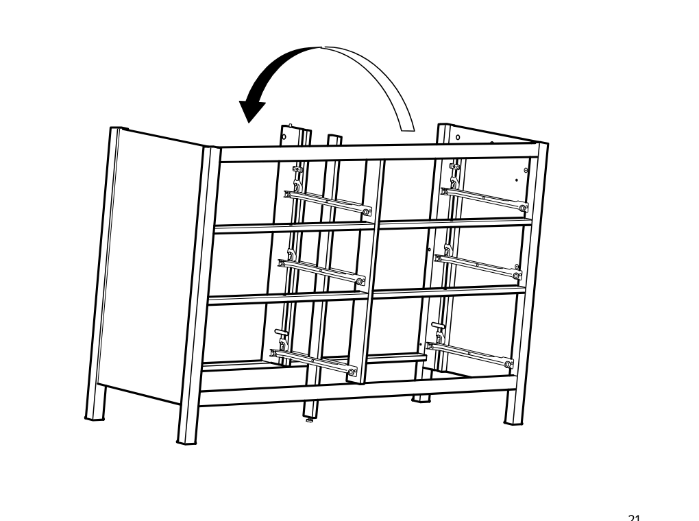 Diagram for step 26: The assembled frame is rotated down onto its back, indicated by the large curved arrow above the structure.