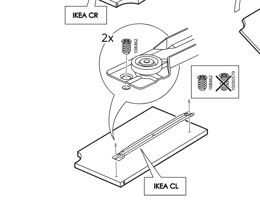 Diagram for step 28: Repeat the rail attachment on the mirrored board using two 108462 screws and the IKEA CL orientation.