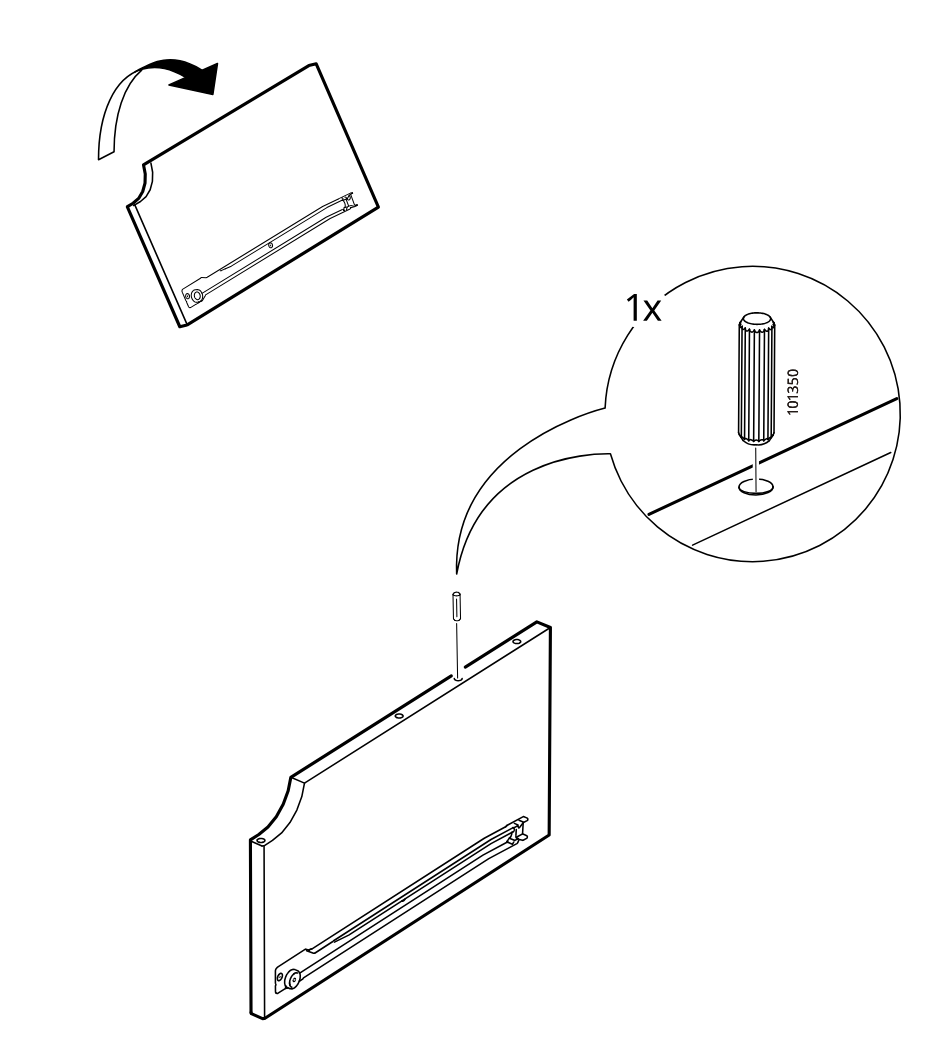 Diagram for step 29: The panel is rotated and a 101350 dowel is inserted into the top hole, with a zoomed detail showing the correct placement.