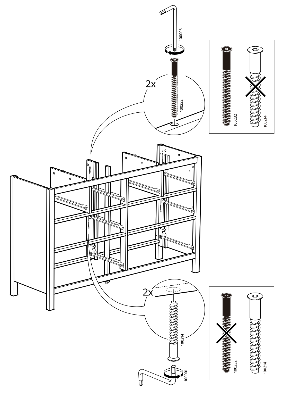 Diagram for step 30: Using the Allen key, the assembler installs two screws of type 100232 at the upper position and two screws of type 100214 at the lower position in the frame, while following the do/not-do hardware orientation shown in the two boxed comparison callouts.