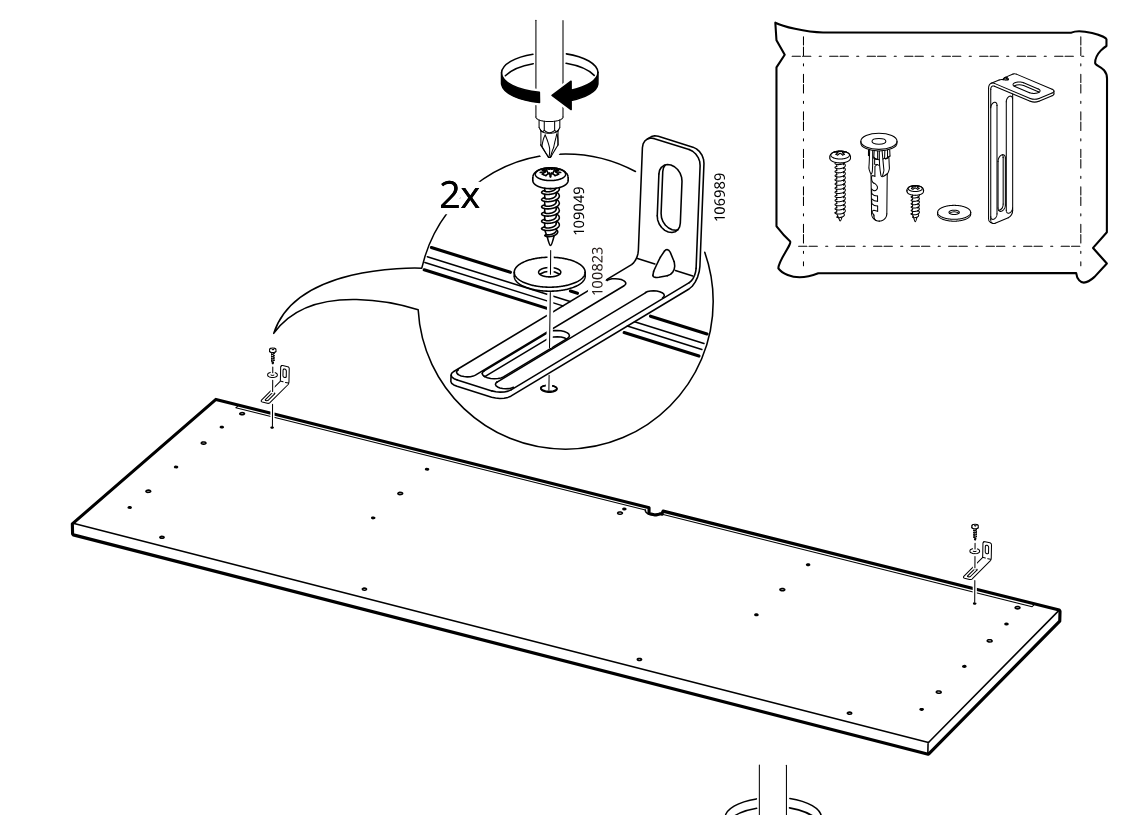 Diagram for step 31: The installer positions two metal brackets on the panel ends and screws each bracket down with two screws and washers, as shown in the zoom detail and hardware bag callout.