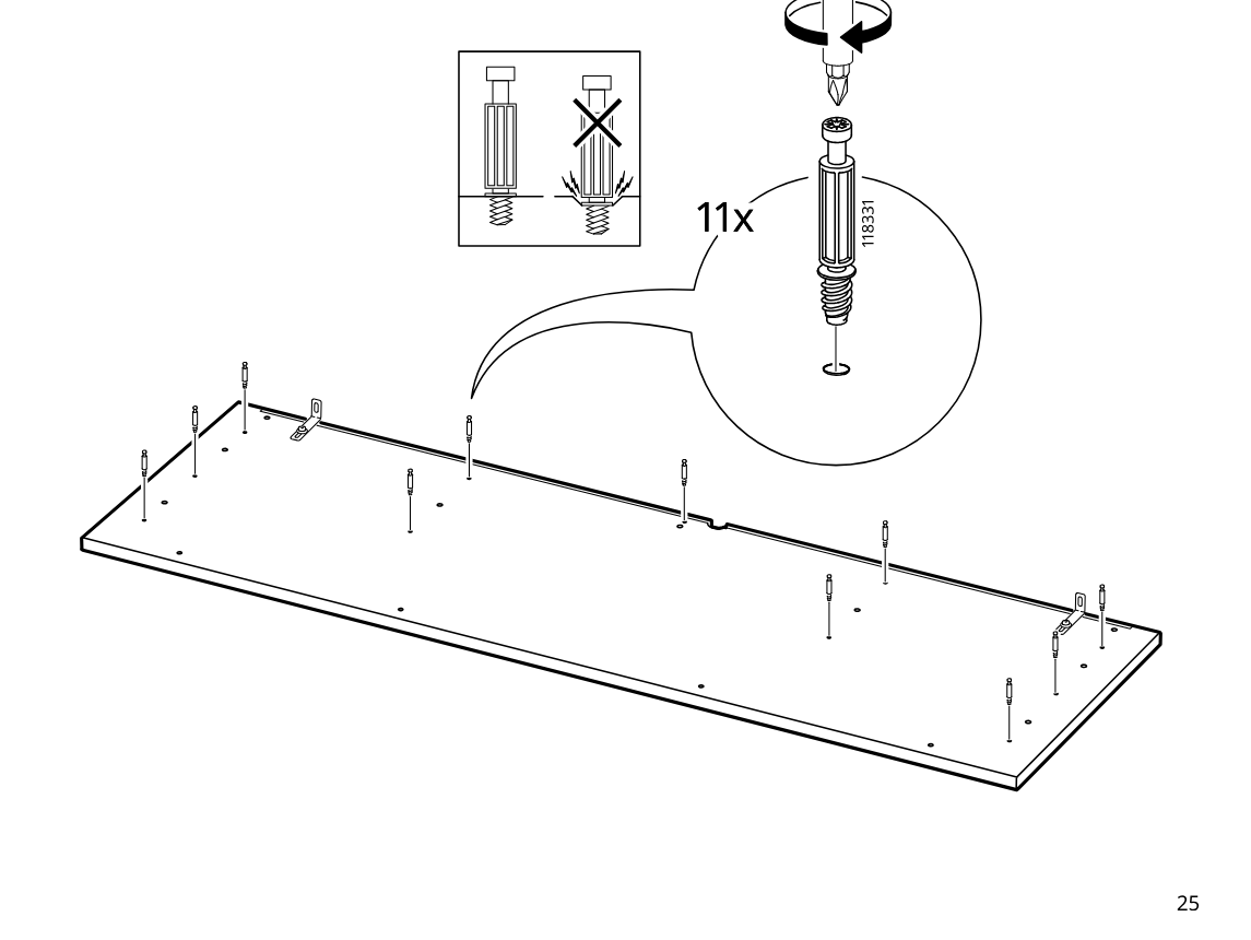 Diagram for step 32: The installer drives eleven threaded inserts into the predrilled holes across the panel while following the orientation warning diagram and screwdriver rotation shown in the zoom callout.