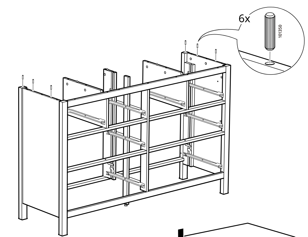 Diagram for step 33: Insert six wooden dowels (101350) into the top holes of the frame sections as shown in the zoom callout.
