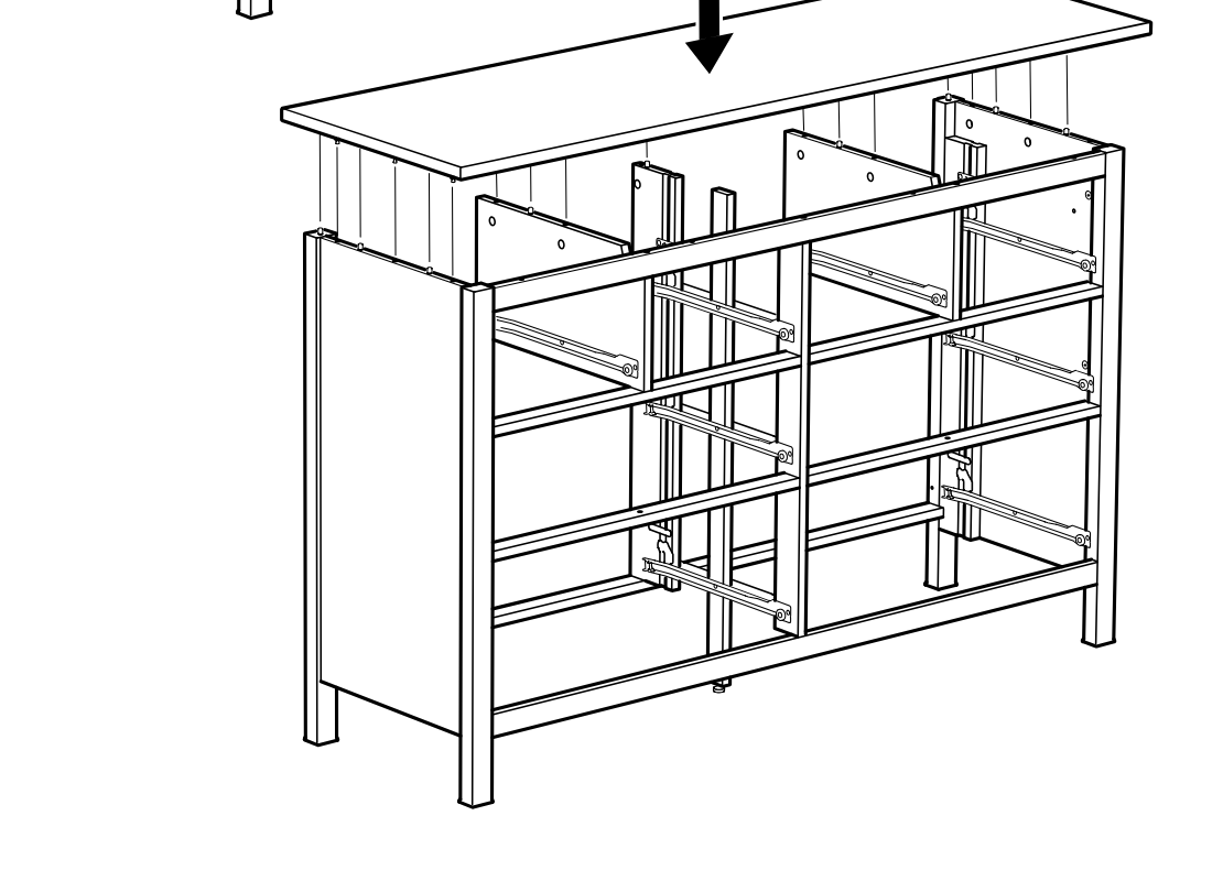 Diagram for step 34: Lower the large top panel straight down onto the aligned dowels and frame.