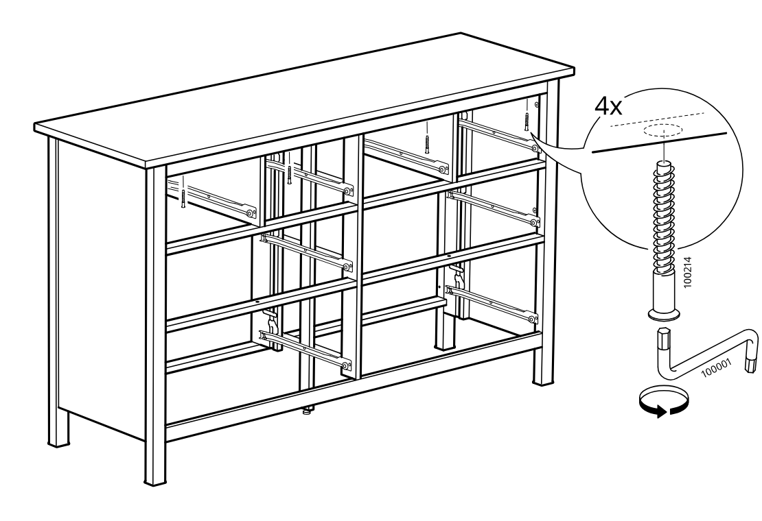 Diagram for step 35: Tighten four long screws into the top from inside the frame using the Allen key.