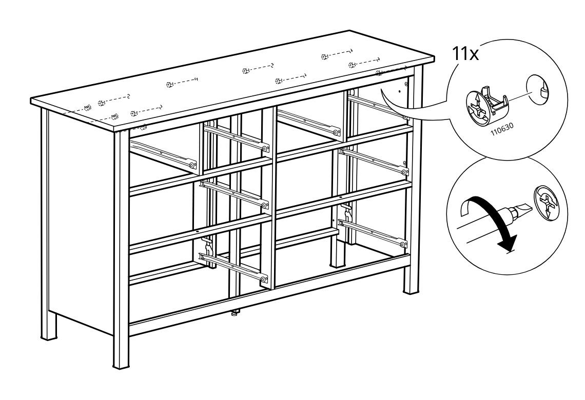 Diagram for step 36: Insert and turn eleven cam locks along the top panel to secure the assembly.