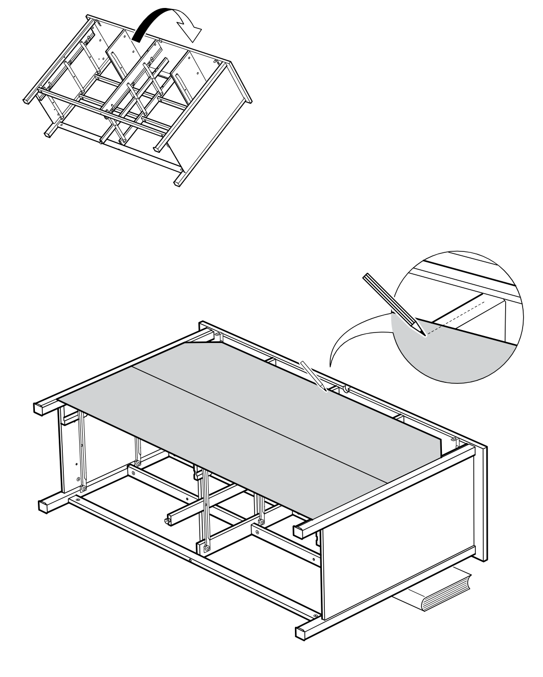 Diagram for step 37: The frame is turned over, a large panel is positioned onto the structure, and a pencil marks the panel edge alignment as shown in the zoom detail.