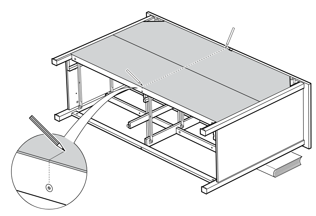 Diagram for step 38: The top panels are aligned on the frame and their position is adjusted using the indicated alignment points, with a zoom detail showing the screw location reference.