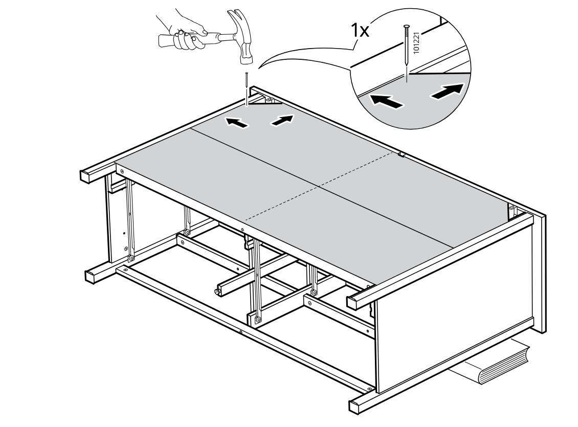 Diagram for step 39: A single nail (part 101221) is hammered in while pushing the two top panels together so the center seam closes, as shown by the arrows and zoom callout.