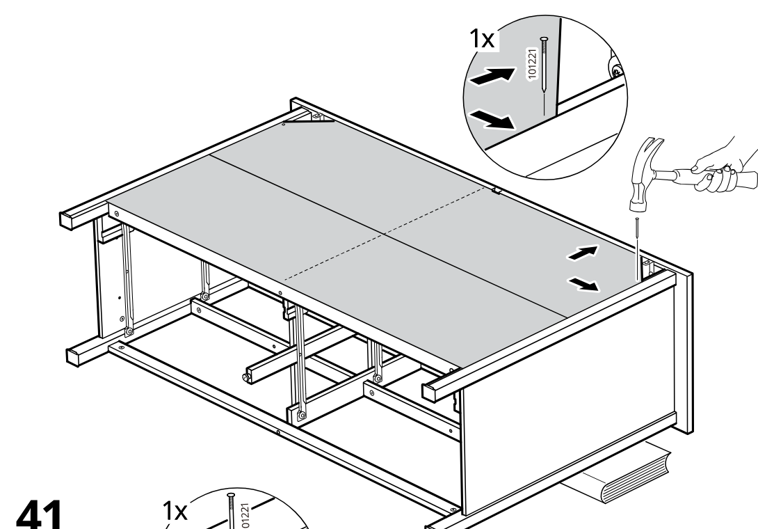 Diagram for step 40: The assembler nails one fastener (101222) into the right side of the top panel while pressing the panel inward and supporting the frame.