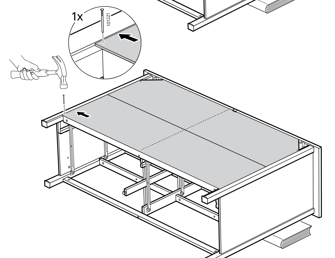 Diagram for step 41: The assembler nails one fastener (101221) into the left side of the top panel while pushing the panel inward and supporting the frame.