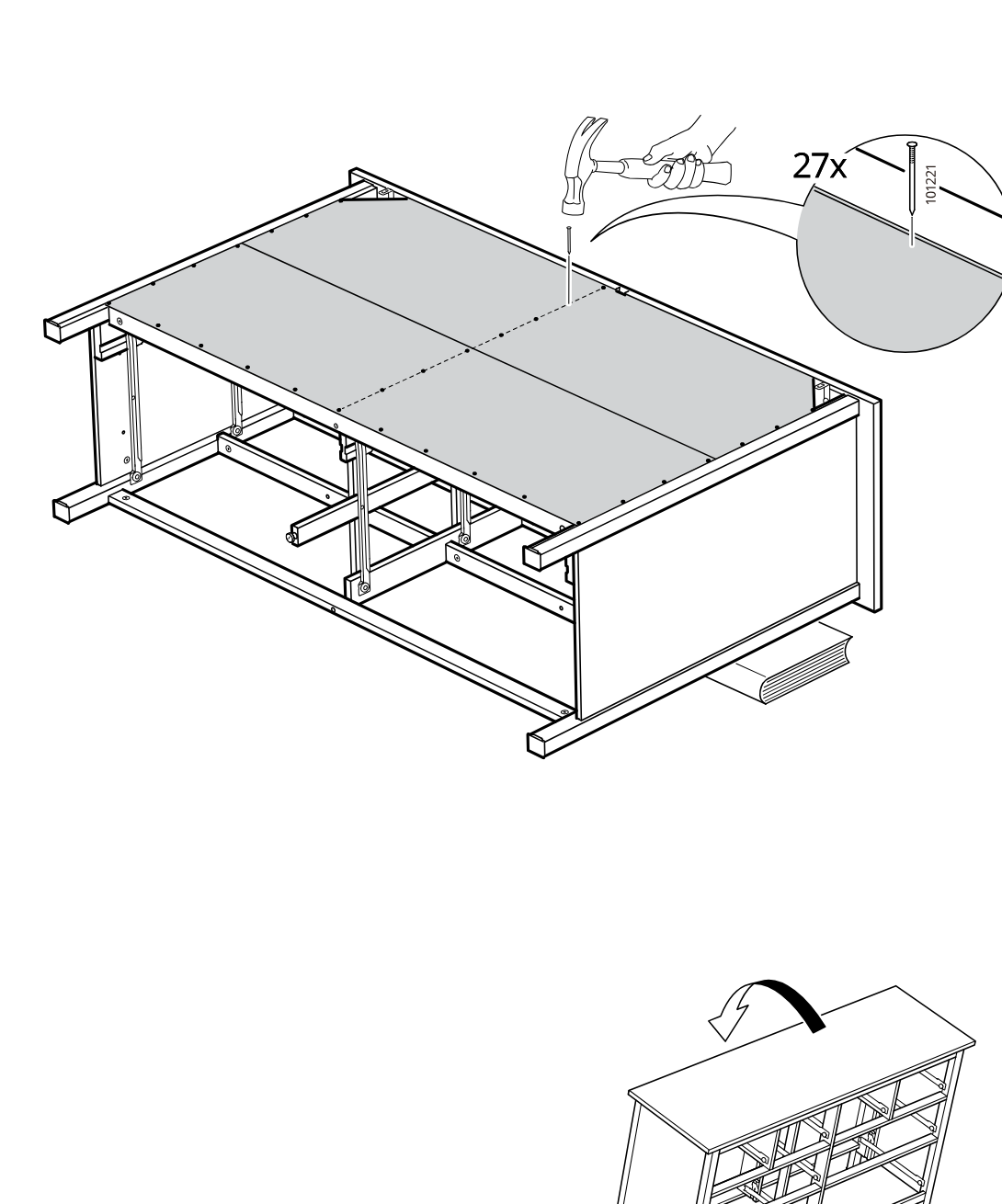 Diagram for step 42: The top panel is secured to the frame by hammering in 27 nails (part 101221), then the unit is turned upright.