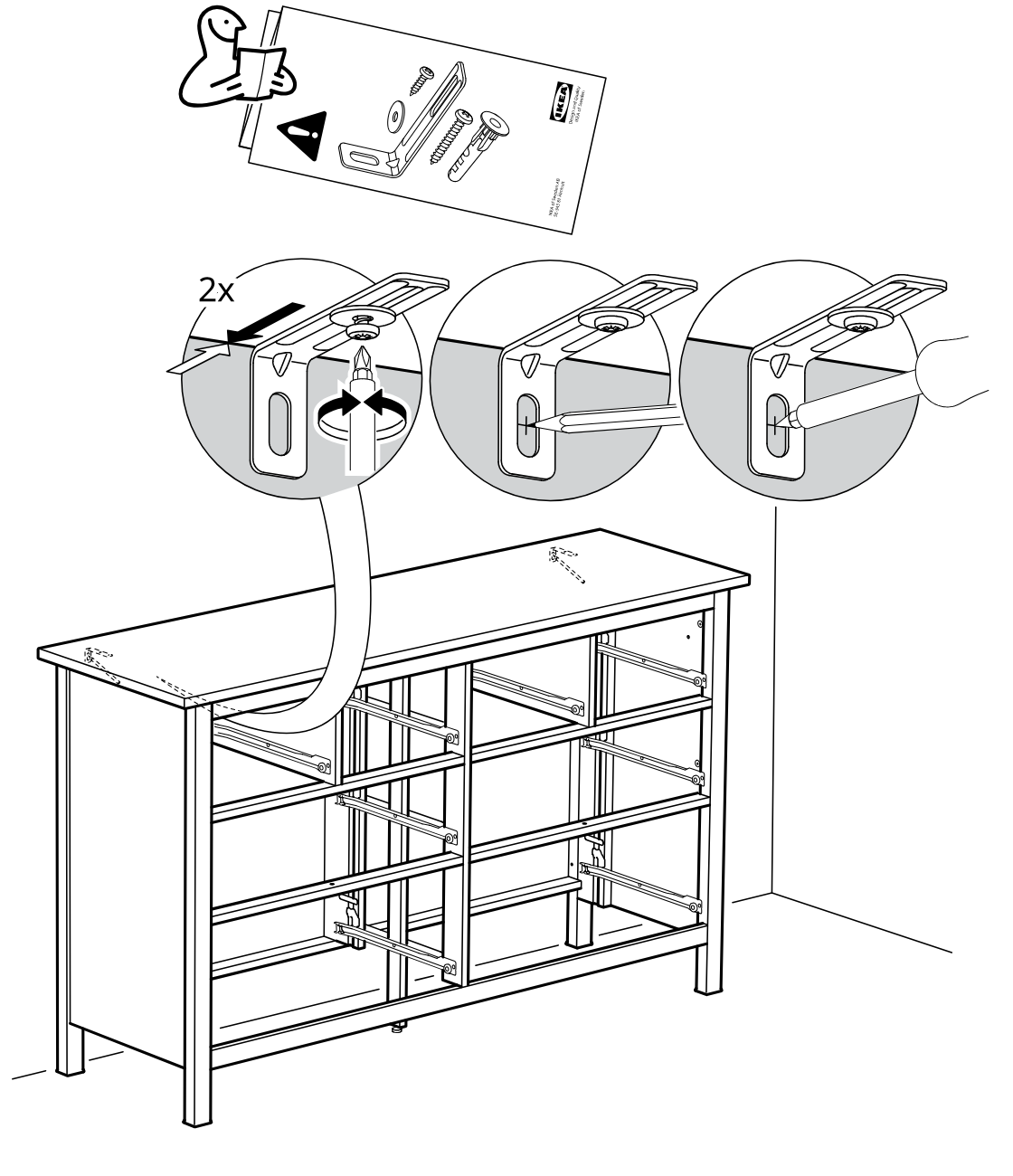 Diagram for step 43: The wall unit is secured by positioning the bracket at the top edge, tightening the screw, and then covering the slot with a cap, repeated twice.