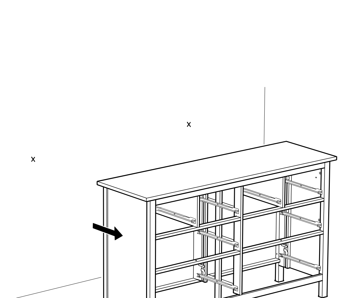 Diagram for step 44: The frame assembly is pushed inward from the left side under the countertop as indicated by the horizontal arrow.