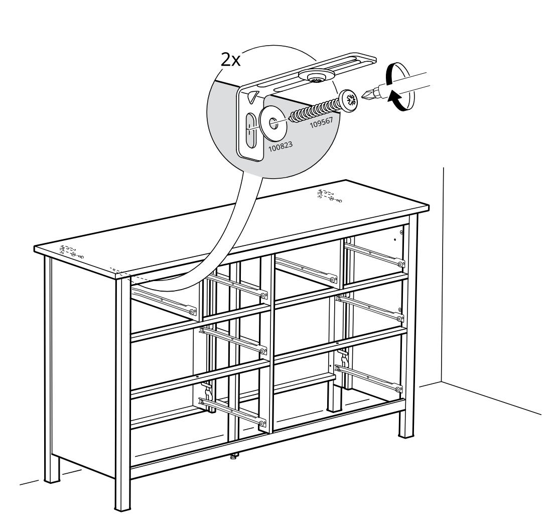 Diagram for step 46: The installer secures the top panel to the frame by driving two screws through a corner bracket, as shown in the magnified callout.