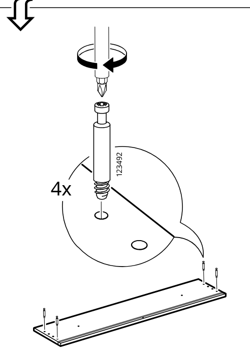 Diagram for step 55: Insert and tighten four 123492 screw fittings into the panel holes using a screwdriver.