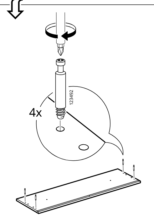 Diagram for step 56: Insert and tighten four 123492 screw fittings into the panel holes using a screwdriver.