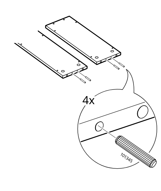 Diagram for step 57: Push four 101345 wooden dowels into the side-board edge holes as shown in the zoom detail.