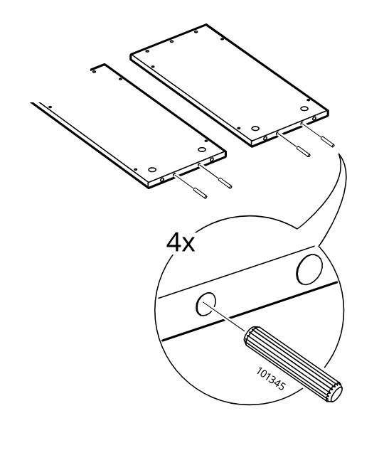 Diagram for step 58: Push four 101345 wooden dowels into the side-board edge holes as shown in the zoom detail.