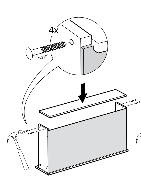 Diagram for step 65: A top board is placed onto the left-side configuration and fixed with four 110519 nails, shown with a hammer and zoomed insertion detail.