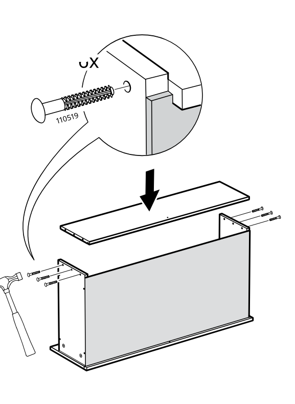 Diagram for step 66: A top board is placed onto the right-side configuration and fixed with six 110519 nails, shown with a hammer and zoomed insertion detail.
