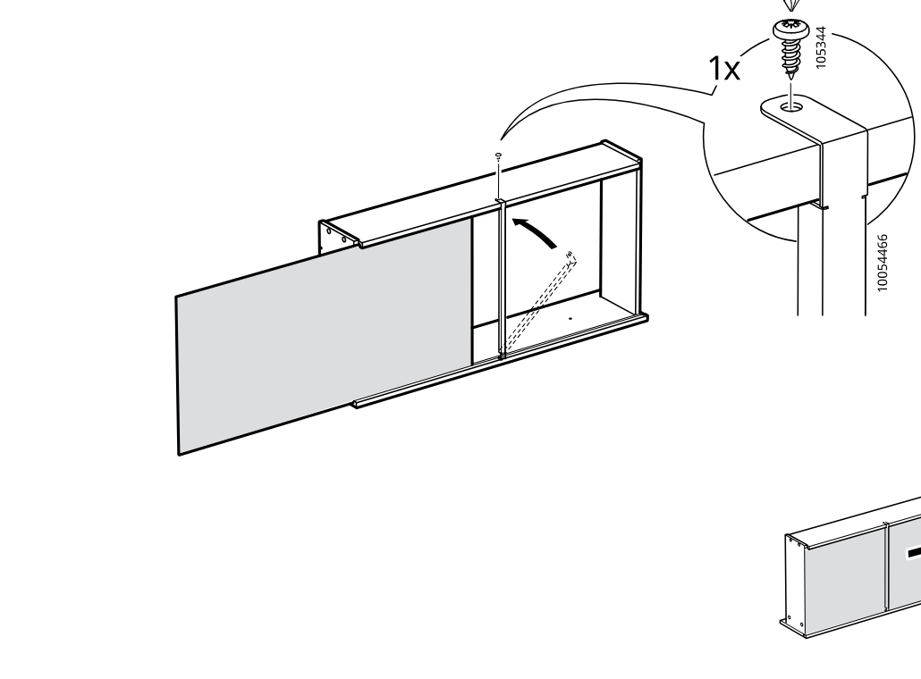 Diagram for step 68: Insert and swing the vertical strip into place at the center joint, then secure it with one screw into bracket part 10054466 as detailed in the zoom callout.