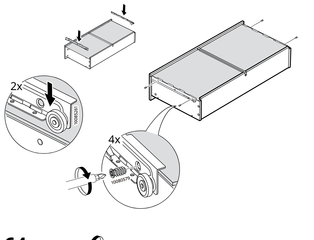 Diagram for step 69: The rails and rollers are fitted onto the drawer assembly and secured with four screws, with close-ups showing the roller clip engagement and screw placement.