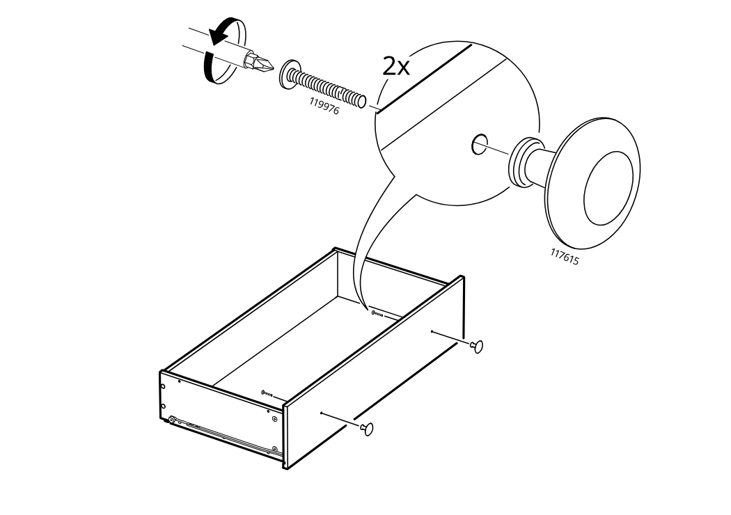 Diagram for step 70: Two long screws are driven into the drawer side from the inside and two round knobs are attached on the outside, as shown in the magnified callout.