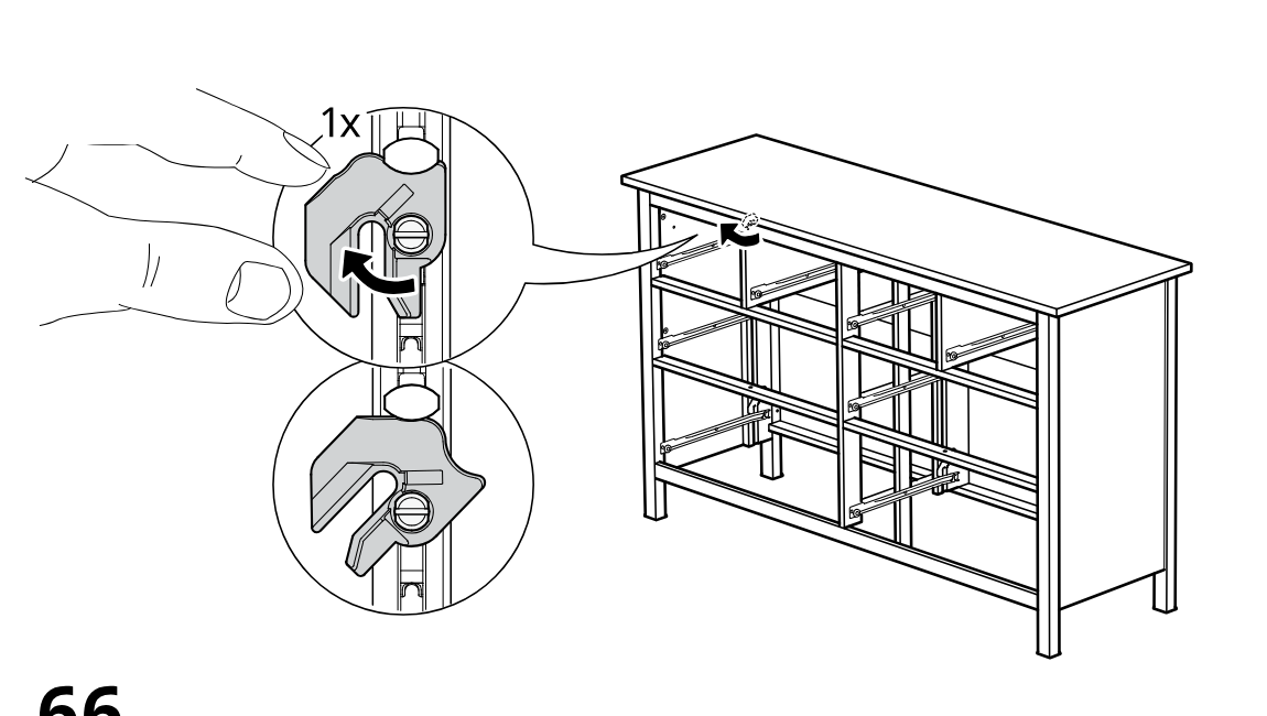Diagram for step 71: A cam lock in the frame is turned once to secure the cabinet structure, shown with a hand close-up and two zoom insets linked to the main frame.