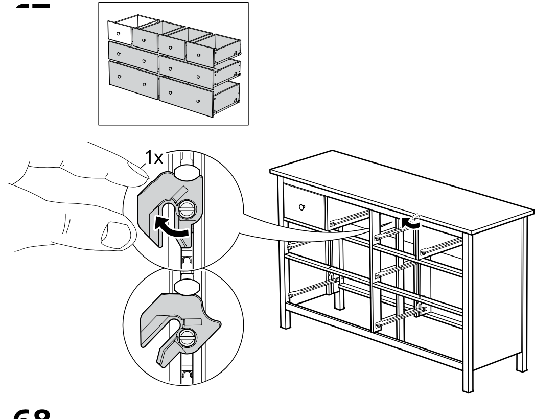 Diagram for step 73: The cam lock in the drawer slide area is rotated once and the drawer-frame section is secured on the cabinet.