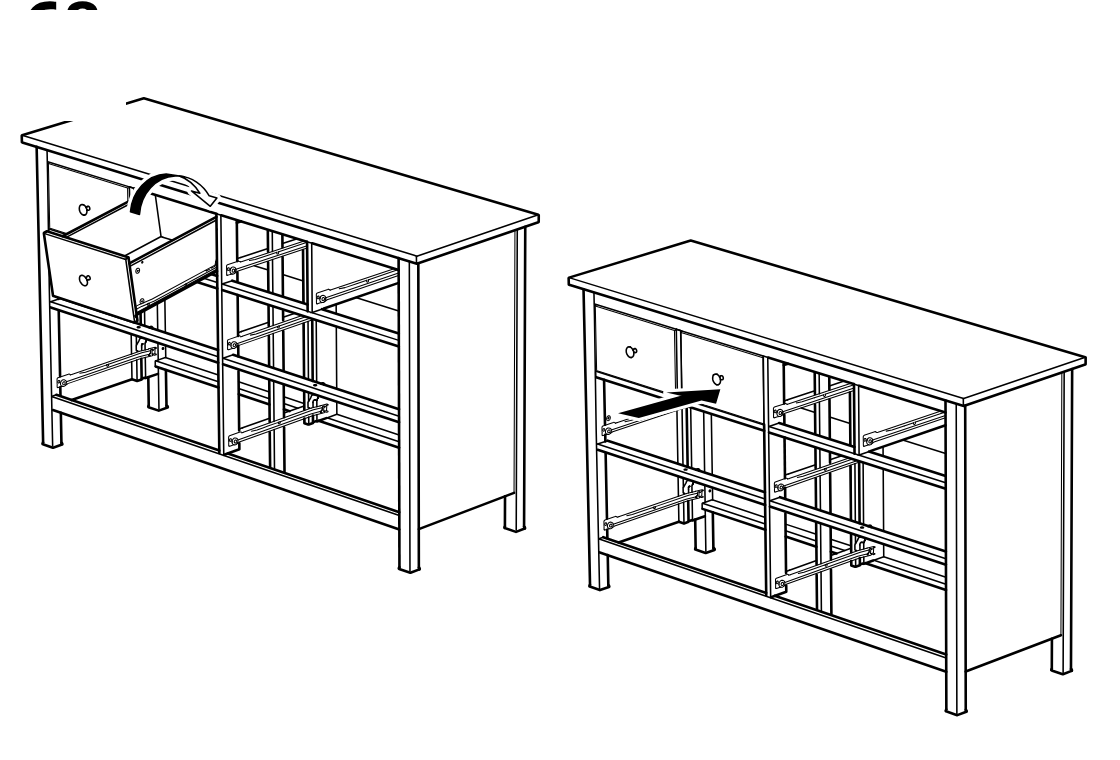 Diagram for step 74: A drawer is tilted in and set onto the runners, then pushed inward to seat in the frame.