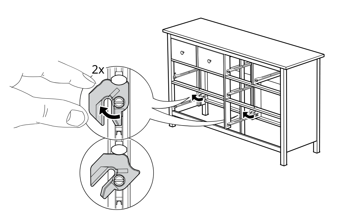 Diagram for step 75: You rotate the two locking catches by hand on the drawer runners to release them.