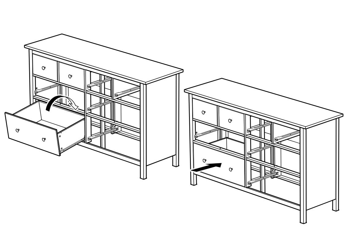 Diagram for step 76: You place the drawer onto the extended runners and push it inward to engage the slides.