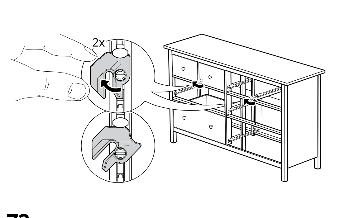 Diagram for step 77: The cam locks are turned with fingers (2x) to secure the drawer-slide frame connections, with zoom callouts showing the lock position and rotation.