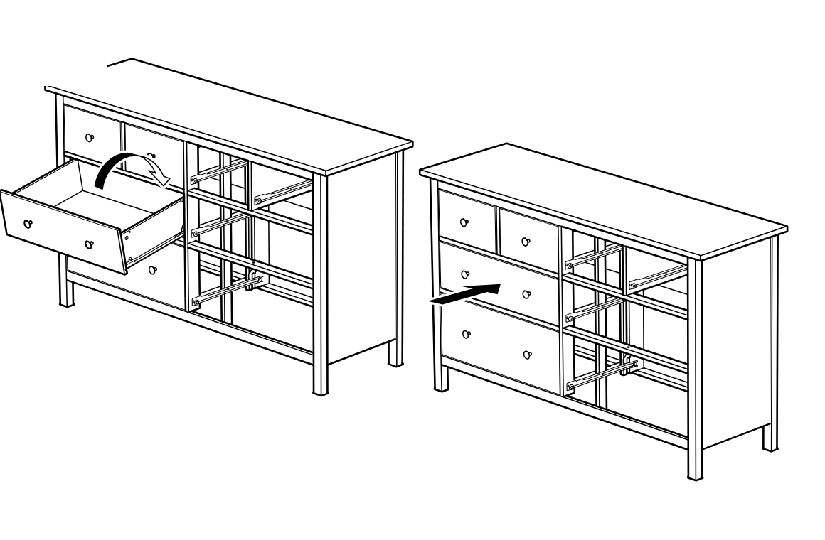Diagram for step 78: A drawer is angled in and inserted onto the left-side runners, then pushed inward to seat into the dresser frame.