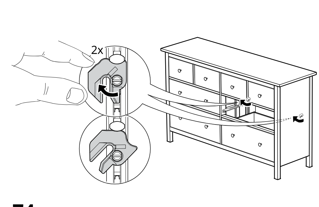 Diagram for step 79: The drawer is aligned and pushed into the dresser while the side locking mechanism is turned in the shown direction on both sides (2x) to secure it.