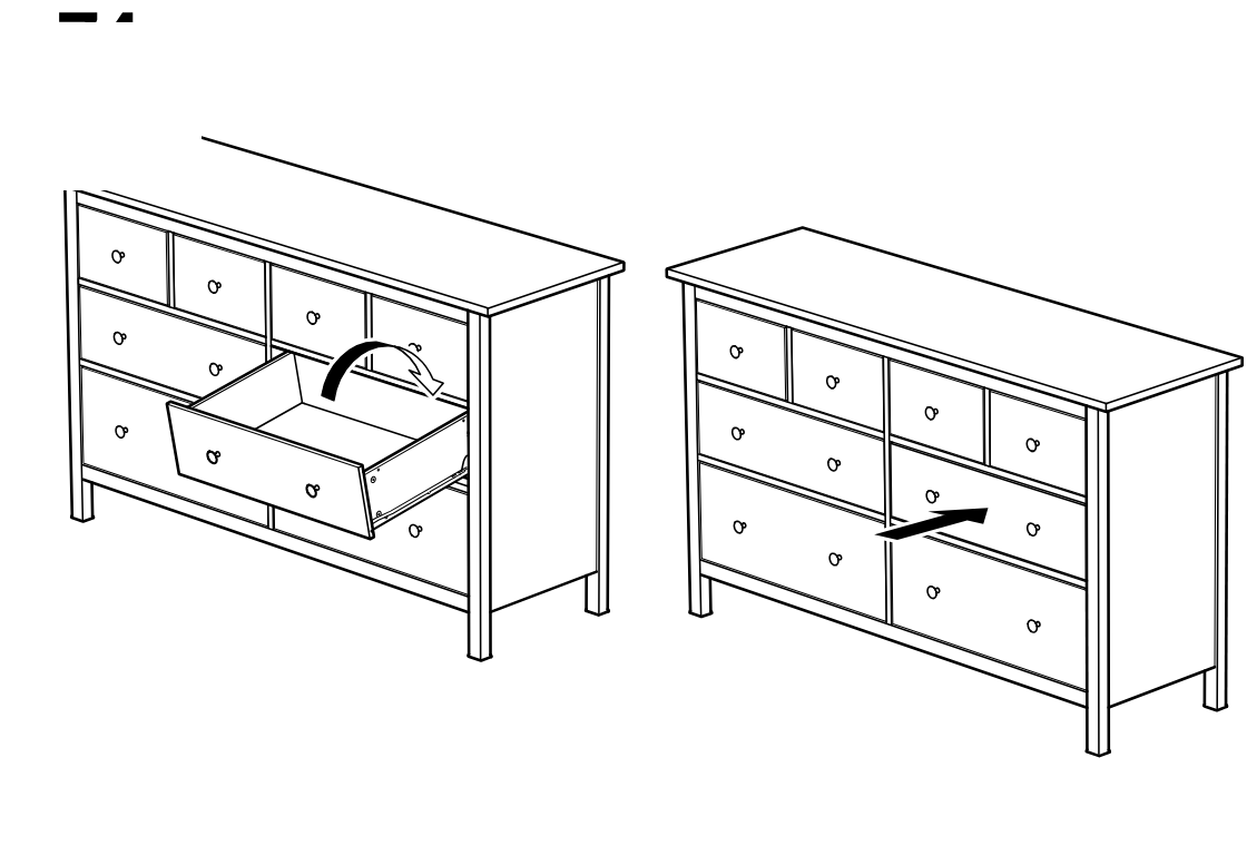 Diagram for step 80: A drawer is tilted and inserted into the dresser, then pushed fully inward until it sits flush.