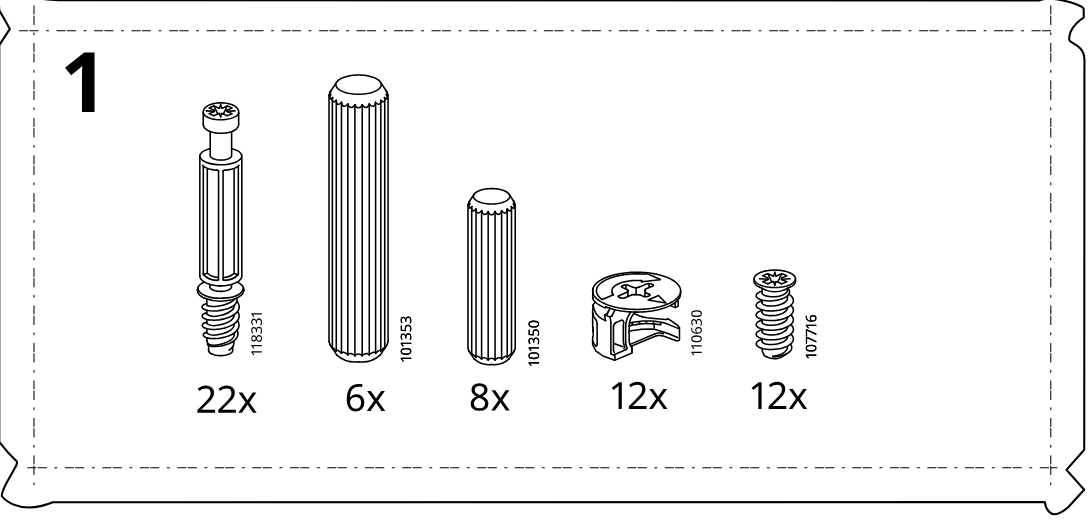 Illustration for assembly note: Parts-bag reference panel 1 showing hardware set with item IDs 118331, 101353, 101350, 110630, and 107716 and their required quantities.