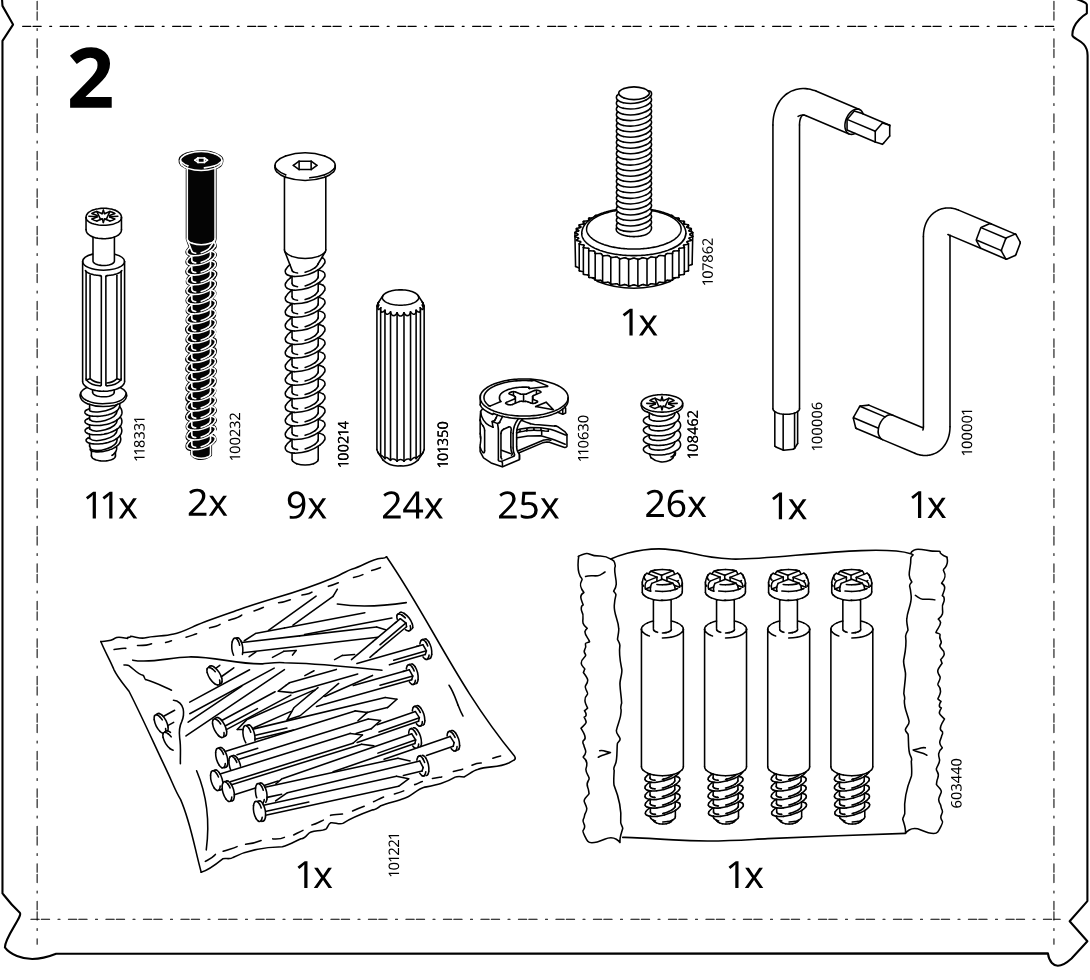 Illustration for assembly note: Parts-bag reference panel 2 showing hardware/tools set with item IDs 118331, 100232, 100214, 101350, 110630, 108462, 107862, 100006, 100001, plus bagged sets 101221 and 603440 with quantities.