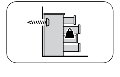 Illustration for assembly note: A freestanding information panel shows a cabinet being secured to a wall with a screw.
